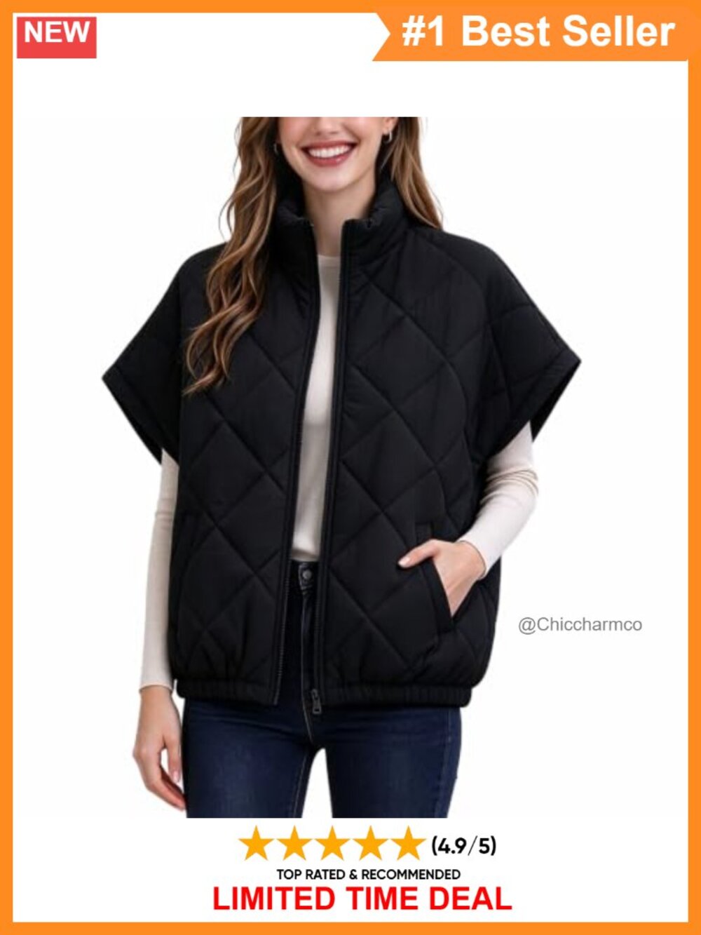 Oversized Quilted Puffer Vest Lightweight Warm Sleeveless Jacket Layering